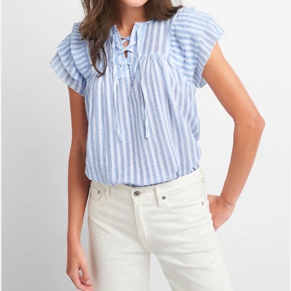 GAP Tops - GAP Women’s Blue & White Ruffle Short Sleeve Striped Smock Top – Size Medium